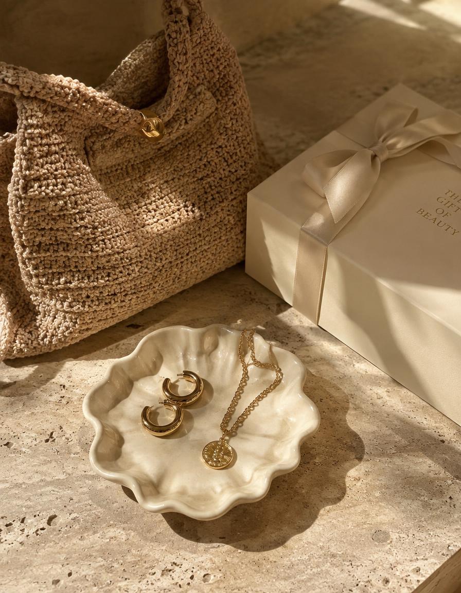 ABÉLA jewelry and crochet bag on travertine